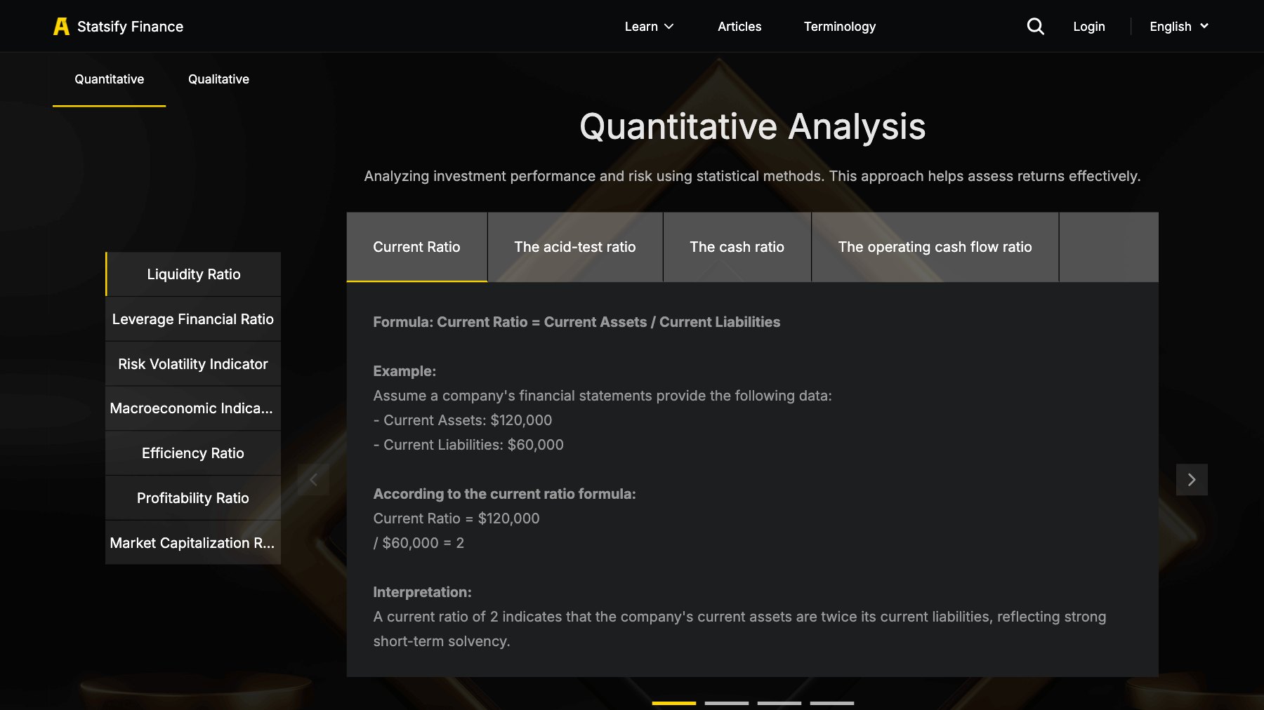 StatsifyFinance quantitative analysis page: financial ratios on the left, with the current ratio formula and a worked example.