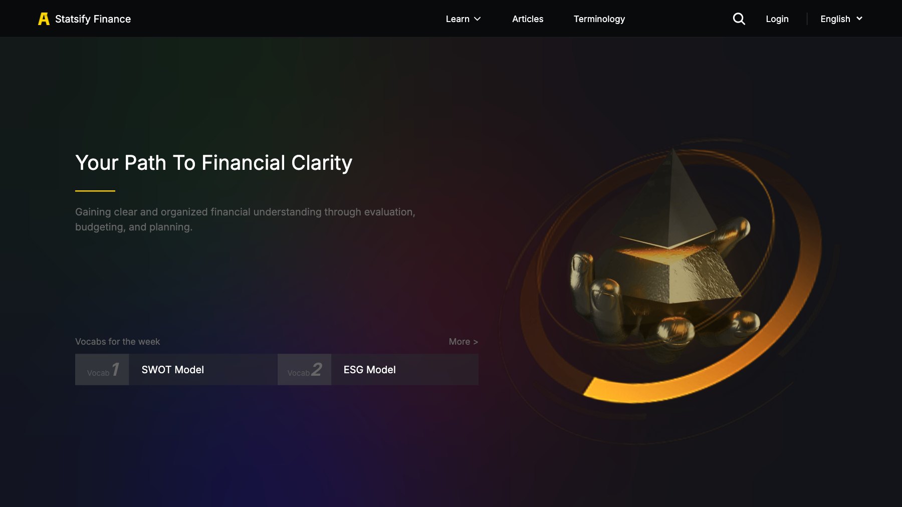 StatsifyFinance English home page: the headline 'Your Path To Financial Clarity' beside a gold pyramid illustration.