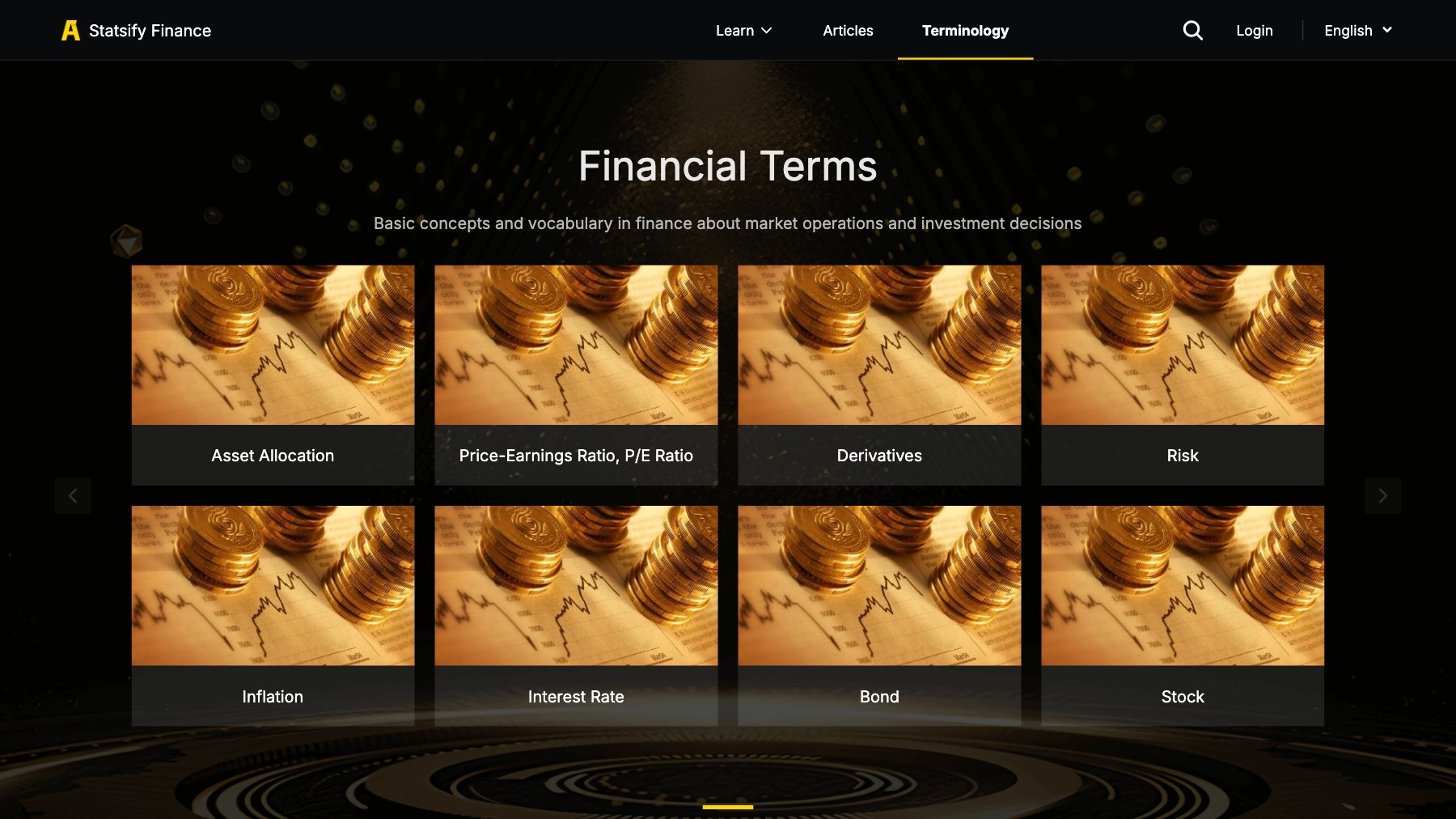 StatsifyFinance financial terms page: a grid of cards for terms such as Asset Allocation, Derivatives and Risk.